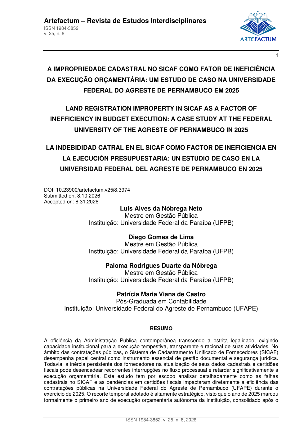Primeira página do artigo sobre SICAF e execução orçamentária na UFAPE