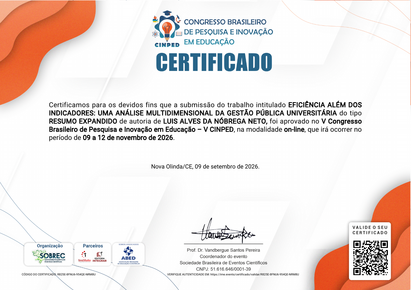Certificado do V Congresso Brasileiro de Pesquisa e Inovação em Educação - V CINPED